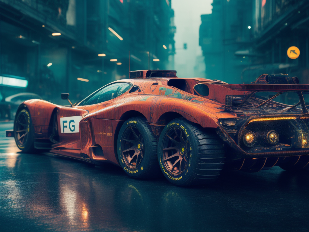 04612-2228509284-fking_scifi_v2, photo of a ((Ferrari_F1_1.5)_0.65) car, Cyberpunk theme, Emerald armour plating, Intricate, with orange accents,.png